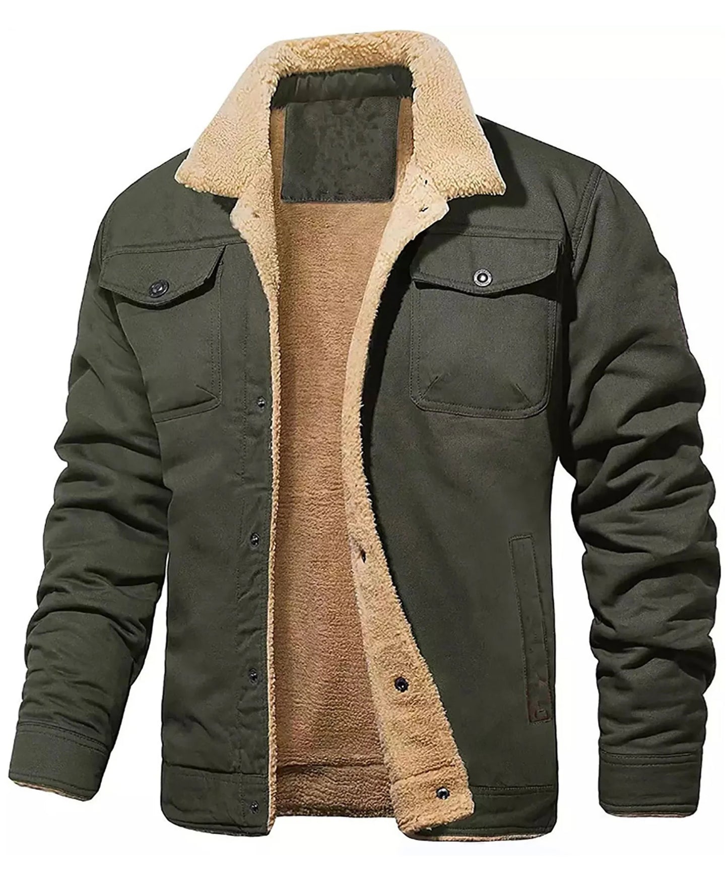 Green jacket with beige fleece lining on a white background