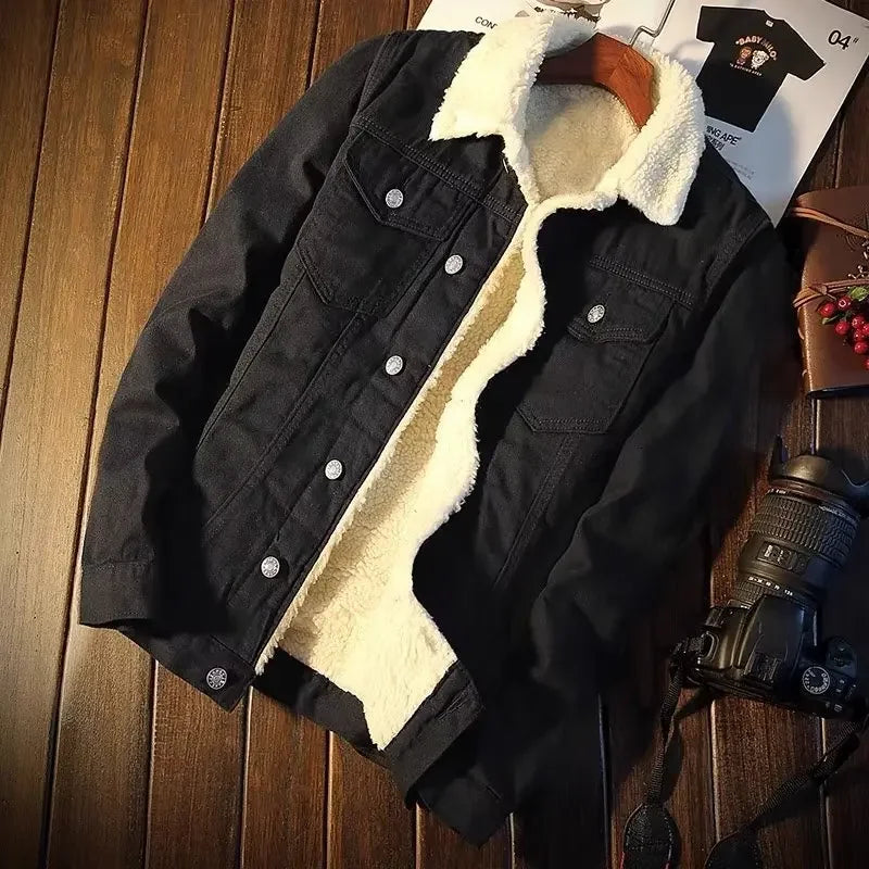Signature Tunica Men's Fleece-Lined Denim Loose Fit Winter Coat Black Jacket